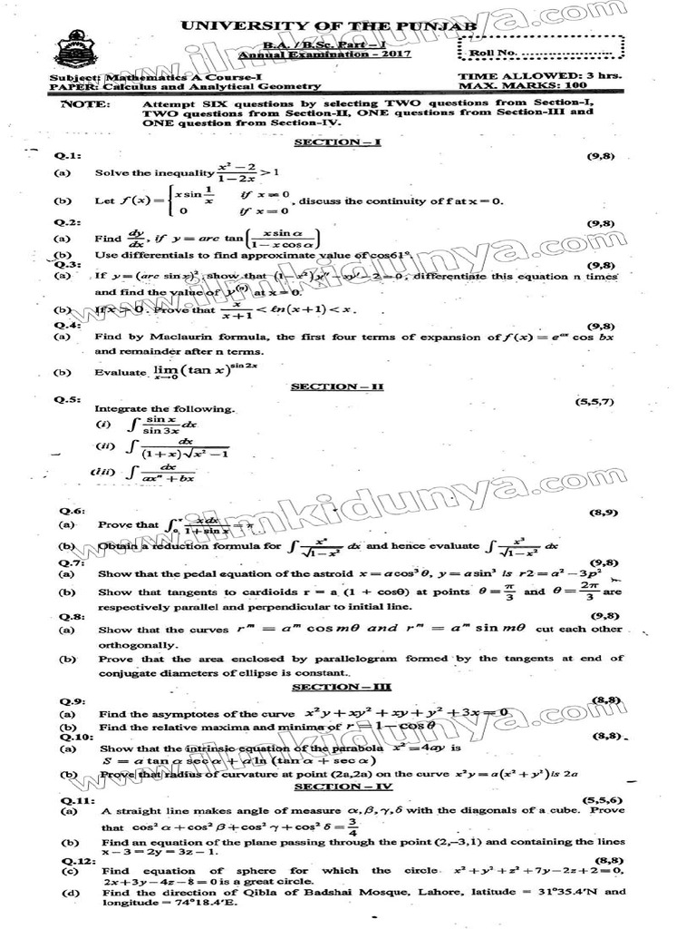 Past paper ba bsc part 1 punjab university mathematics a course