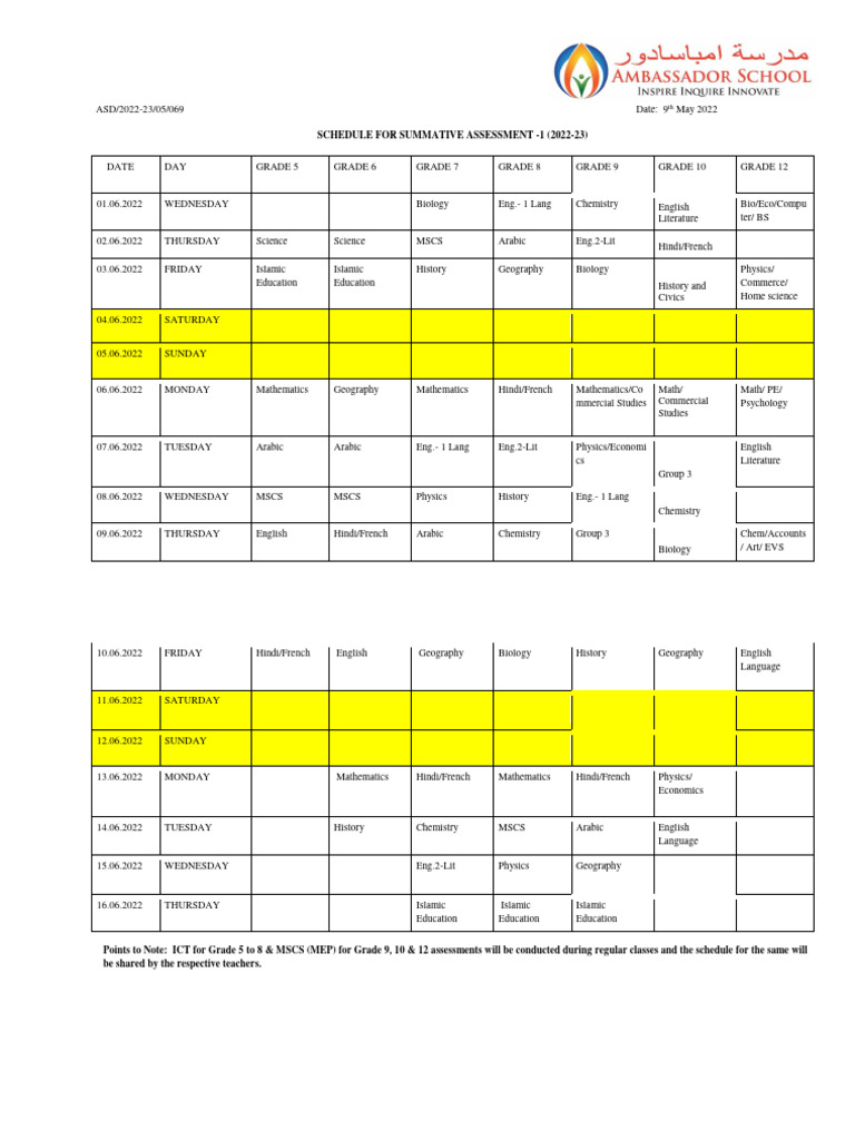 Schedule For Summative Assessment - 1 (2022-23) | PDF
