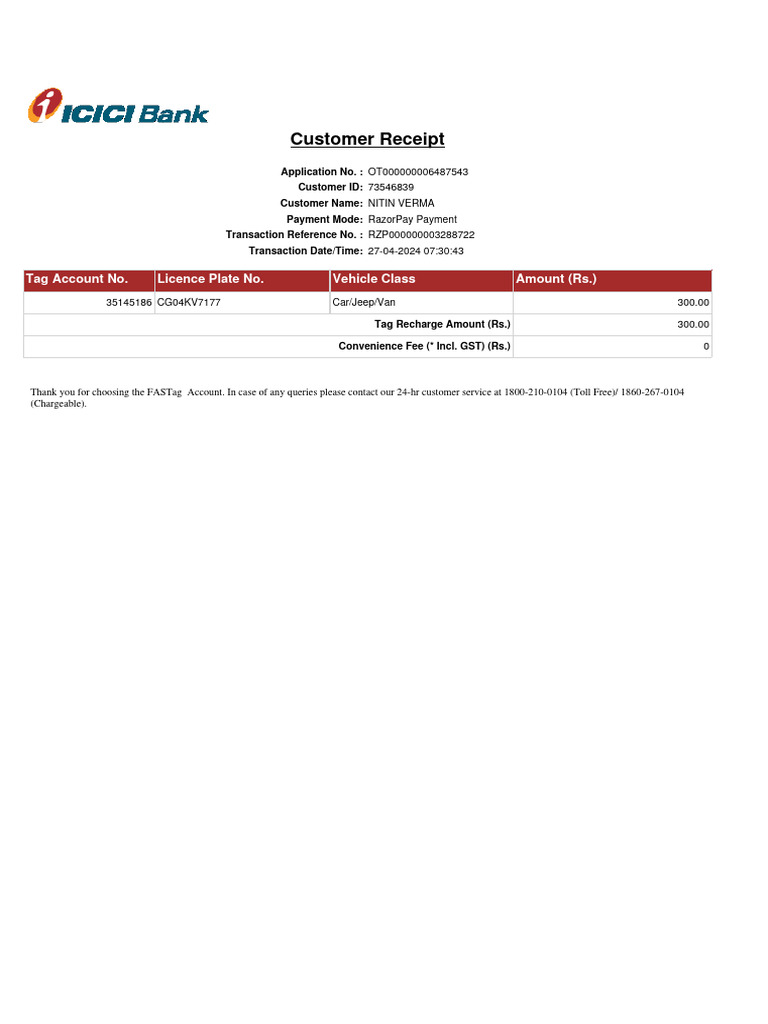 FASTag Customer Receipt Details | PDF