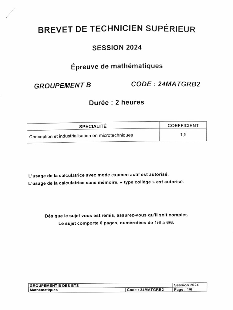 BTS 2024 Maths Groupe B | PDF