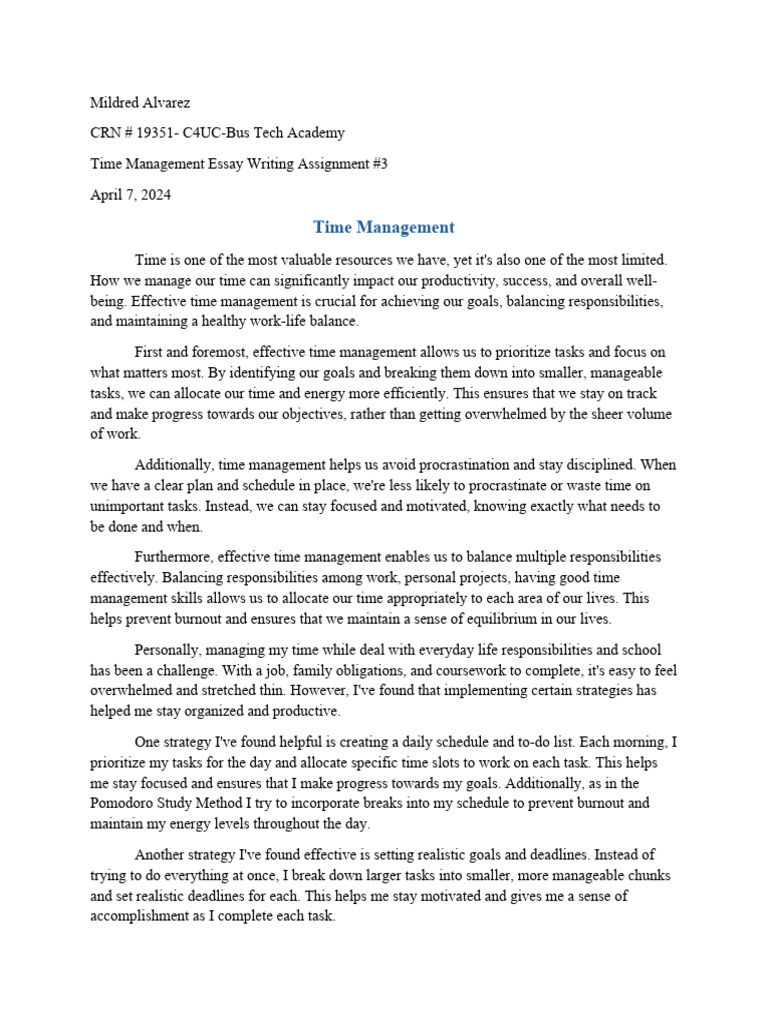 Time Management Essay Writing Assignment 3 | PDF | Time Management ...