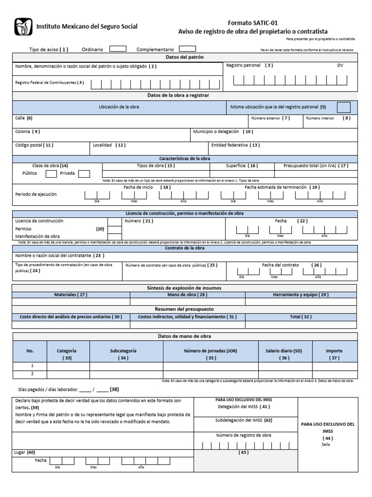Formato SATIC-01: Registro de Obra IMSS | PDF