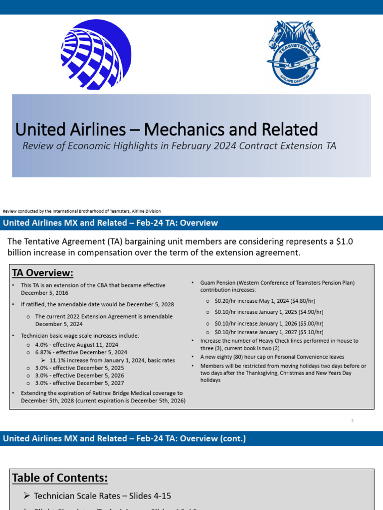 United Airlines Mechanics and Related Review of Economic Highlights in February 2024 Contract