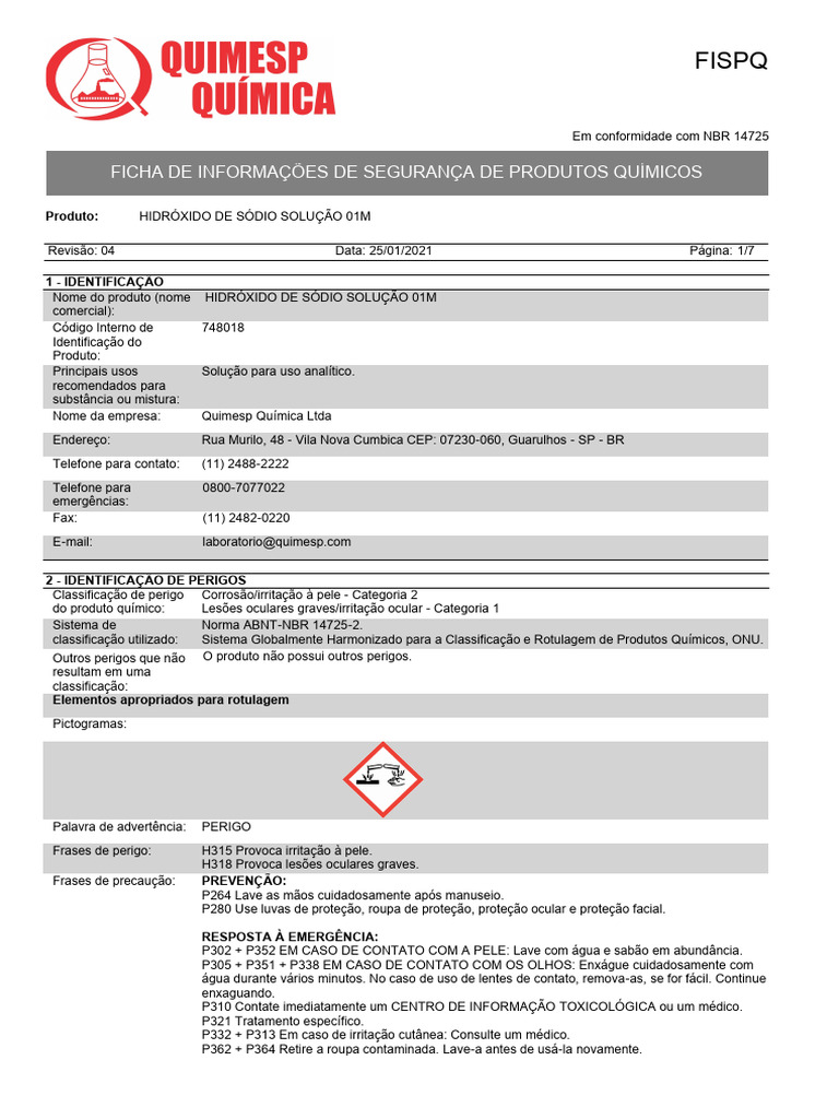 FISPQ: Hidróxido de Sódio 01M Segurança | PDF | Química | Embalagem e ...