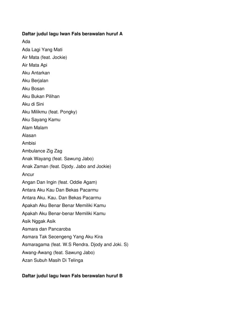 Daftar Judul Lagu Iwan Fals Berawalan Huruf A You can streaming and download for free here! daftar judul lagu iwan fals berawalan