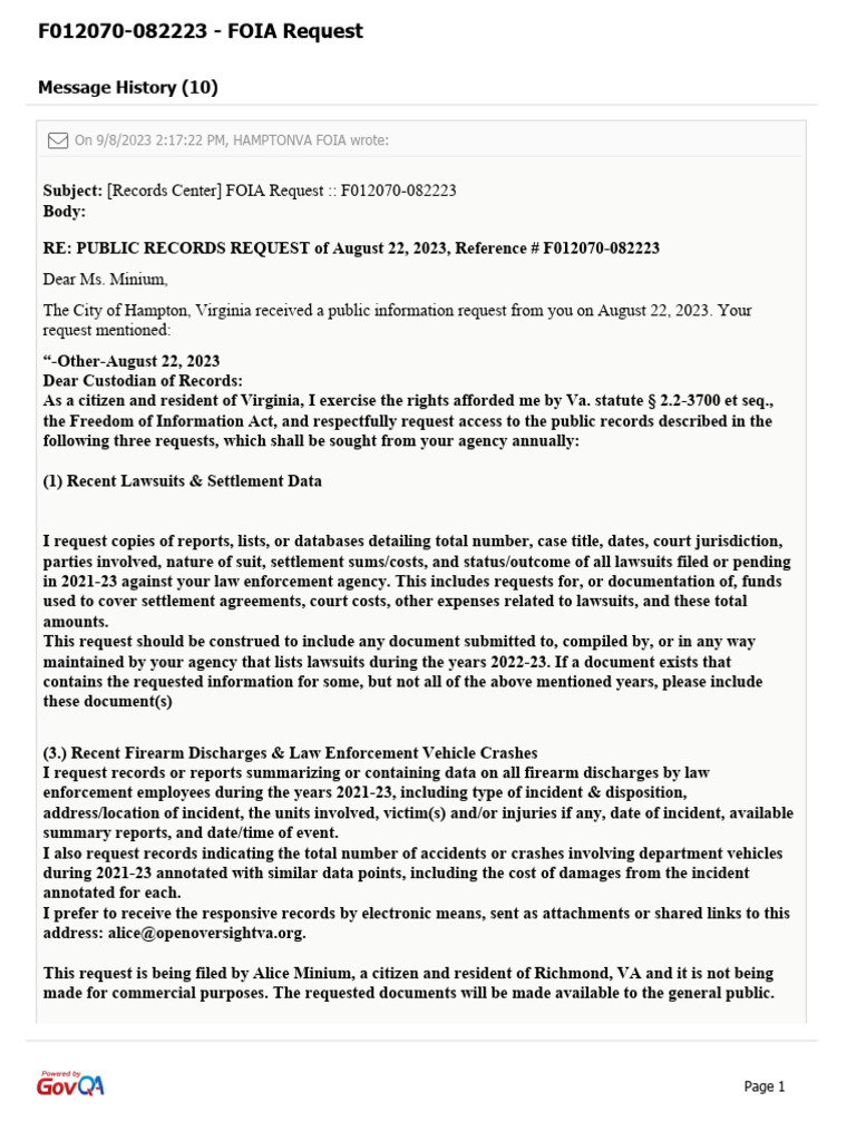 Hampton FOIA Request F012070-082223 | PDF | Freedom Of Information Act ...
