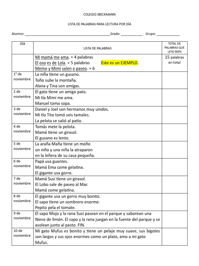 Lista de Palabras para Lectura Diaria | PDF