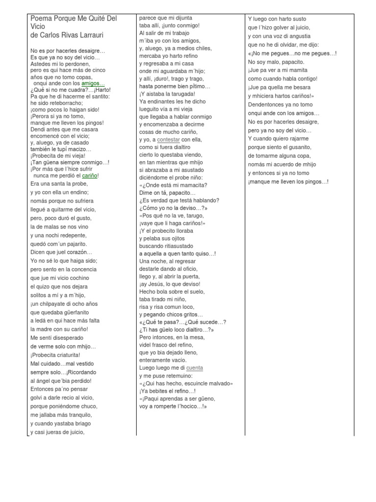 Poema Porque Me Quite Del Vicio de Carlos Rivas Larrauri | PDF
