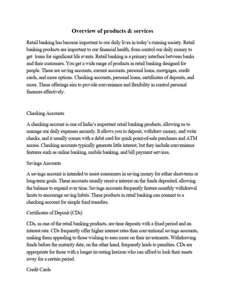 Retail Banking Products And Services Pdf Loans Transaction Account