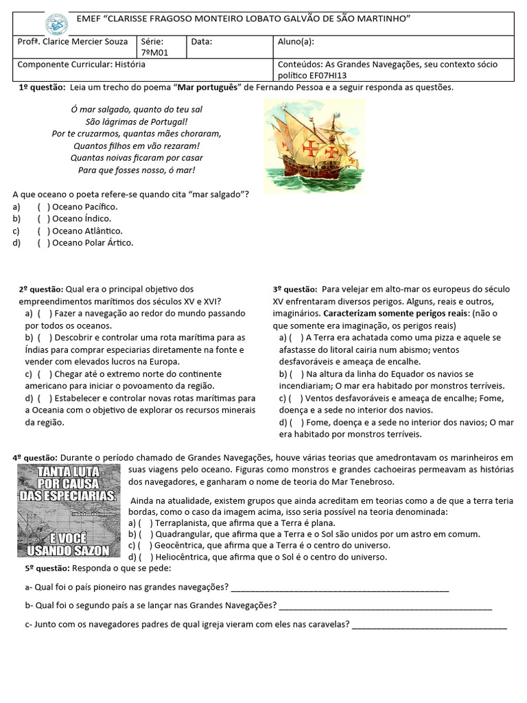 Prova Sobre As Grandes Navegações - 7 Ano M01 | PDF | Oceano Atlântico ...