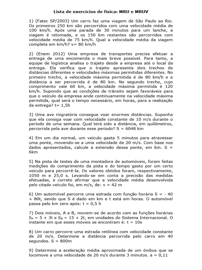 Exercicios Fisica Mru Mruv | PDF | Velocidade | Tempo