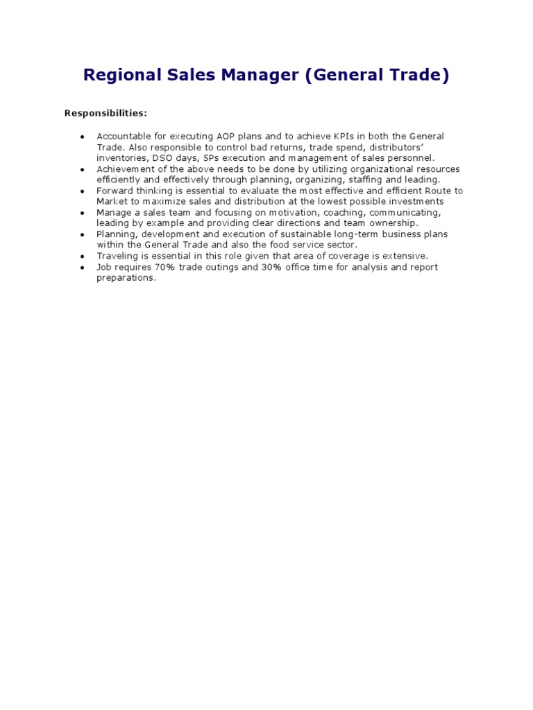Regional Sales Manager Job Description | PDF | Business | Finance ...