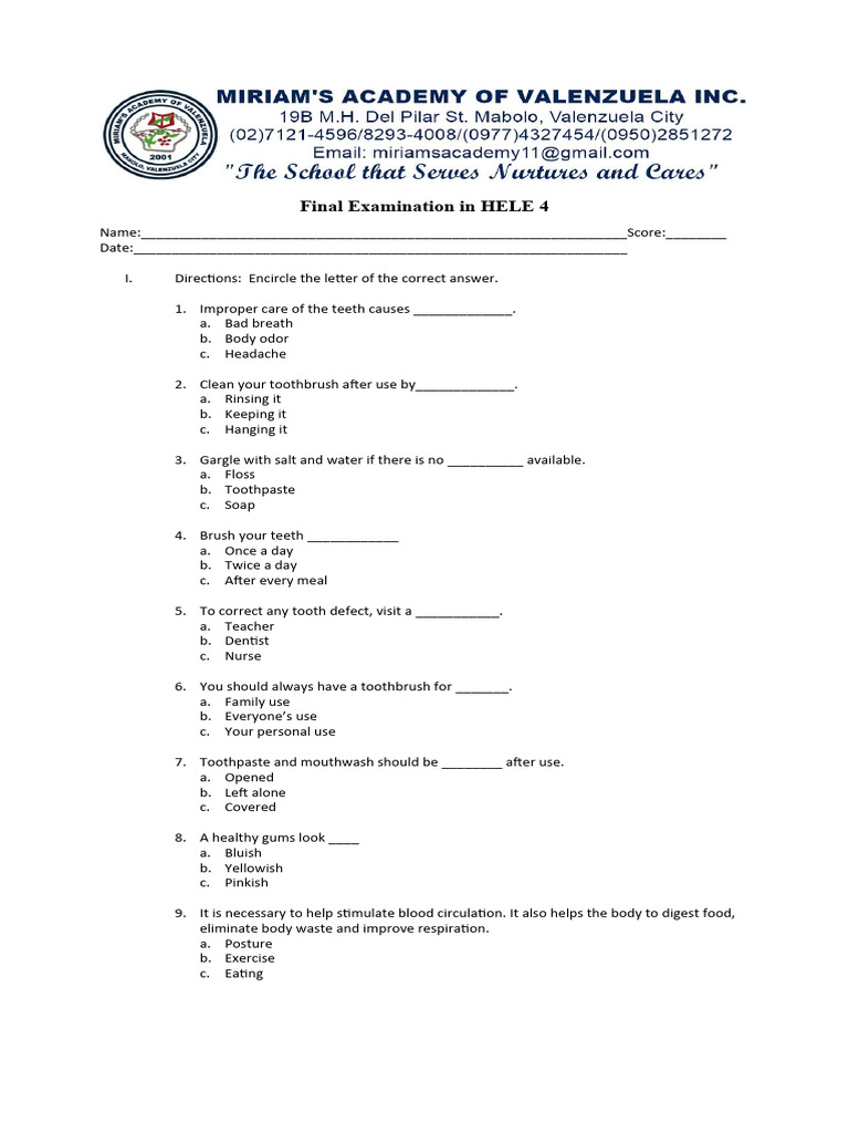 HELE 4 Final Exam: Health & Sewing | PDF | Toothbrush | Mouth