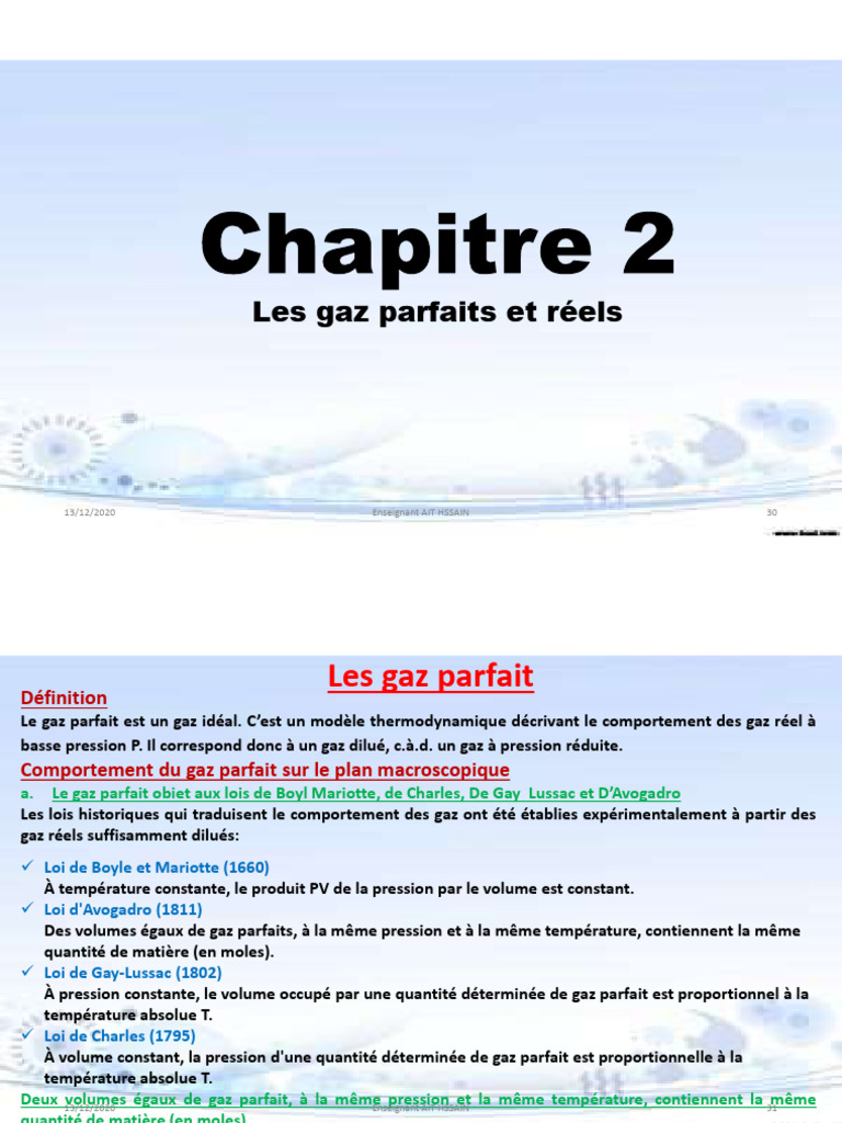 Définition et lois des gaz parfaits | PDF | Pression | Thermodynamique