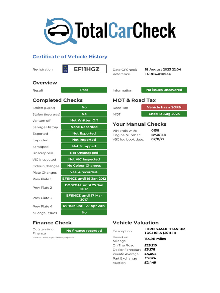 Ford S-Max Vehicle History Report | PDF | Fuel Economy In Automobiles ...