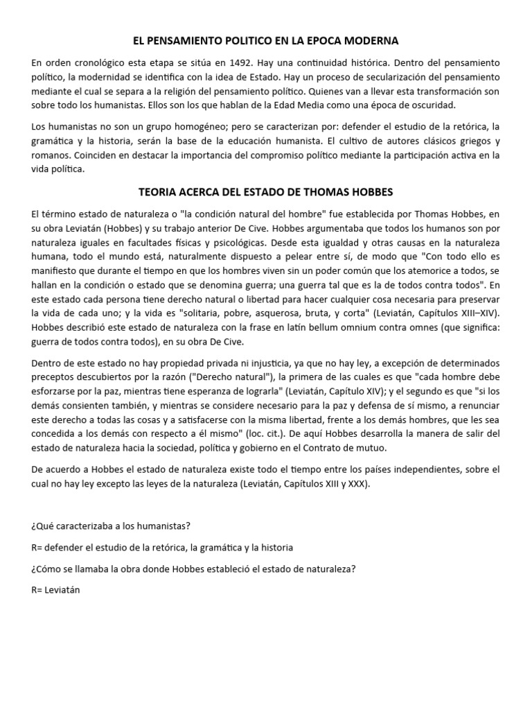 El Pensamiento Politico en La Epoca Moderna | PDF | Educación en artes ...