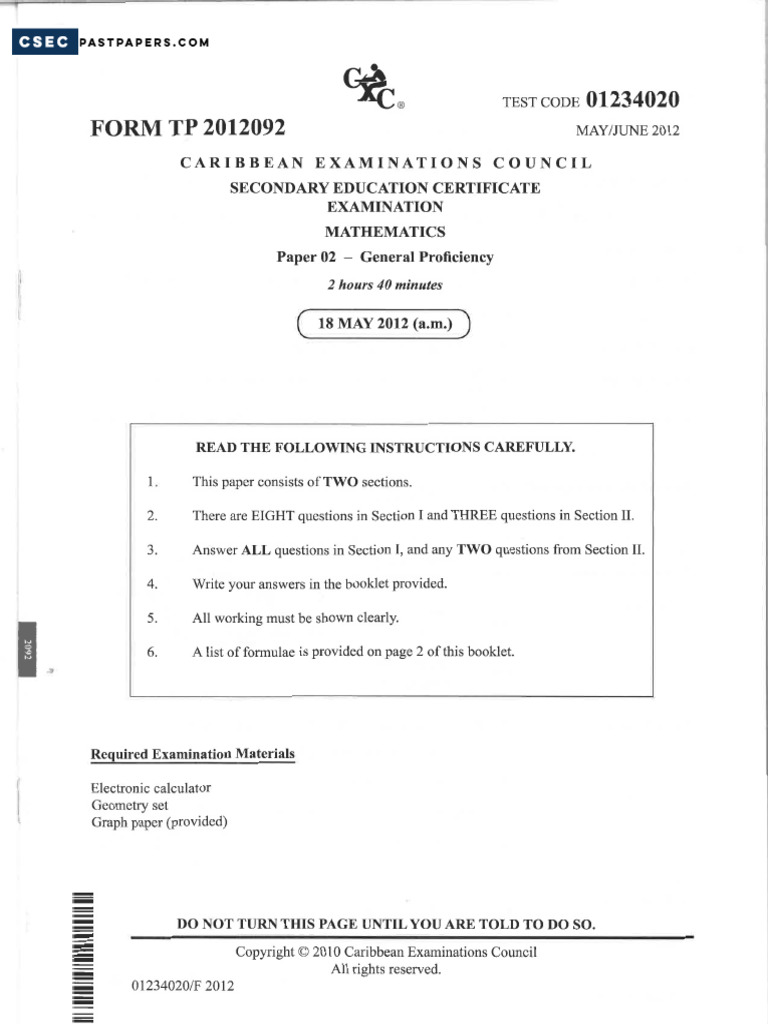 Csec Maths June 2012 Paper 2 Pdf