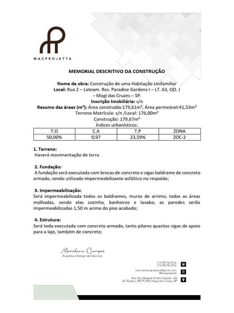 Memorial Descritivo: Habitação Unifamiliar | PDF | Concreto | Alvenaria