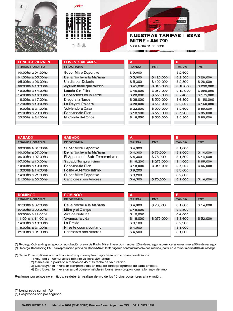 Tarifas Publicitarias Radio Mitre AM 790 | PDF | Radio | Radiodifusión