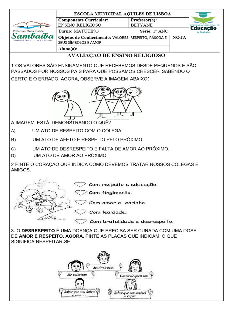 Avaliação de Ensino Religioso 1 Ano | PDF