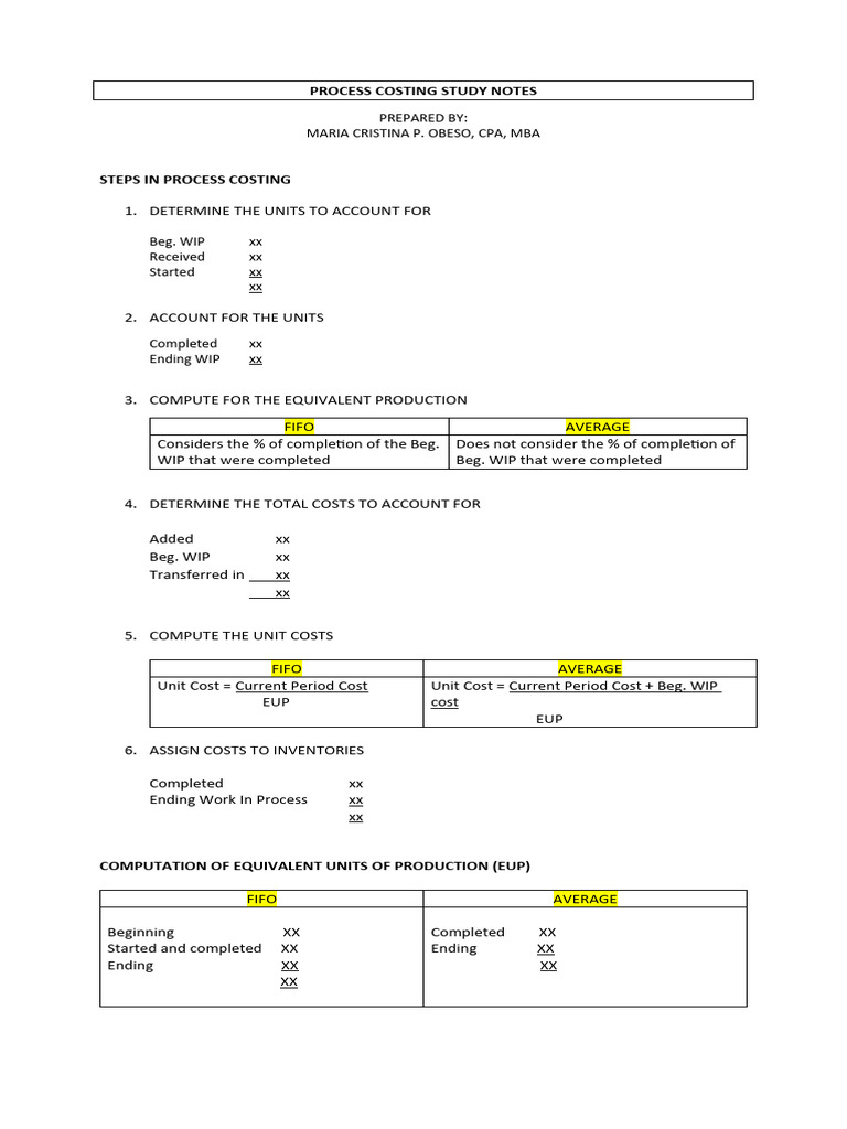 Process Costing Study Notes Pdf
