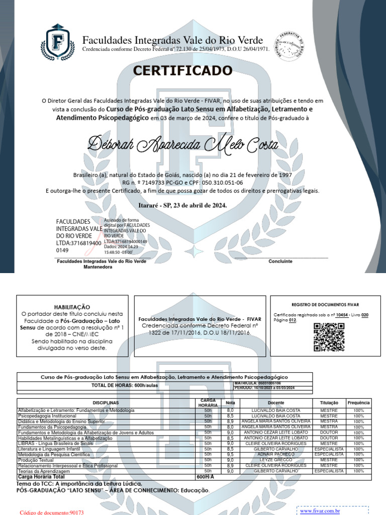 Certificado de Pós-Graduação FIVAR | PDF | Pós-graduação