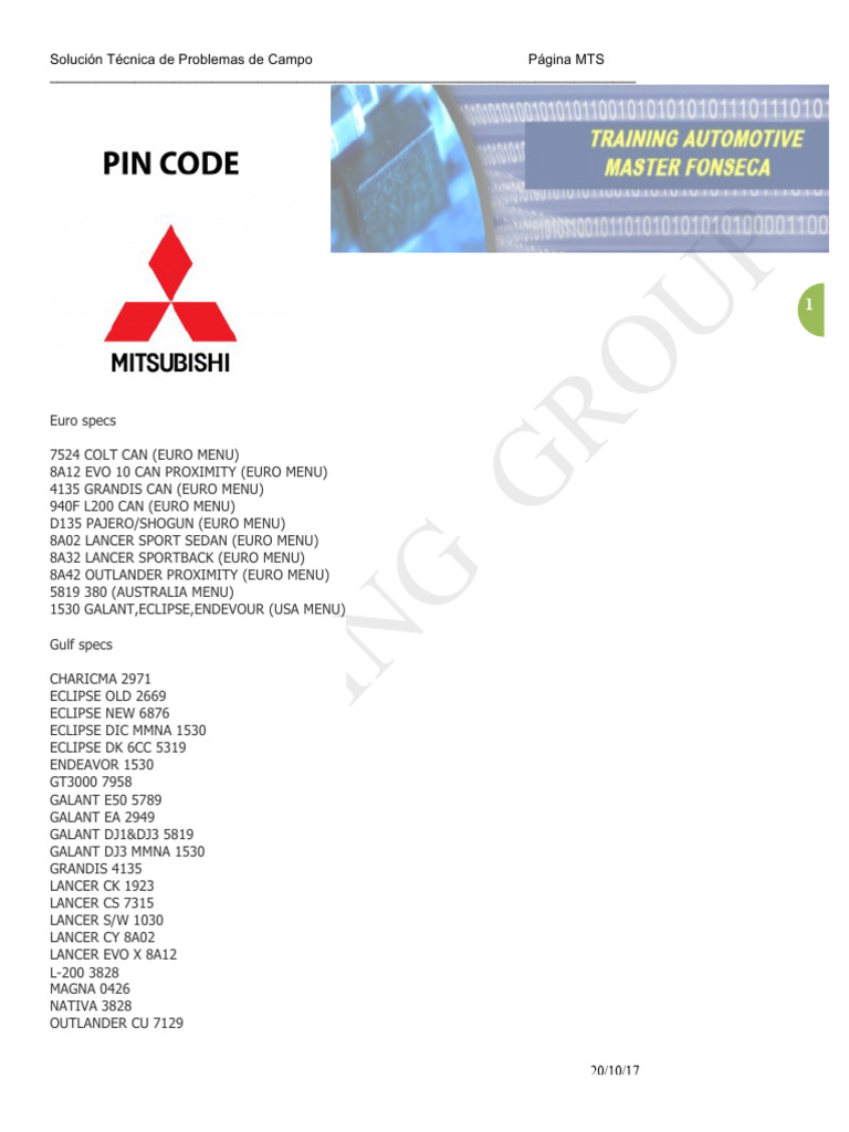 Lista de Códigos PIN Mitsubishi | PDF