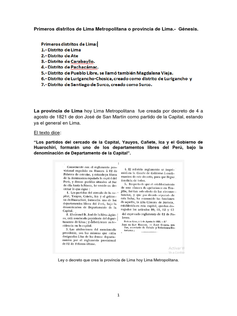Primeros Distritos de Lima Metropolitana | PDF | Lima | América del Sur