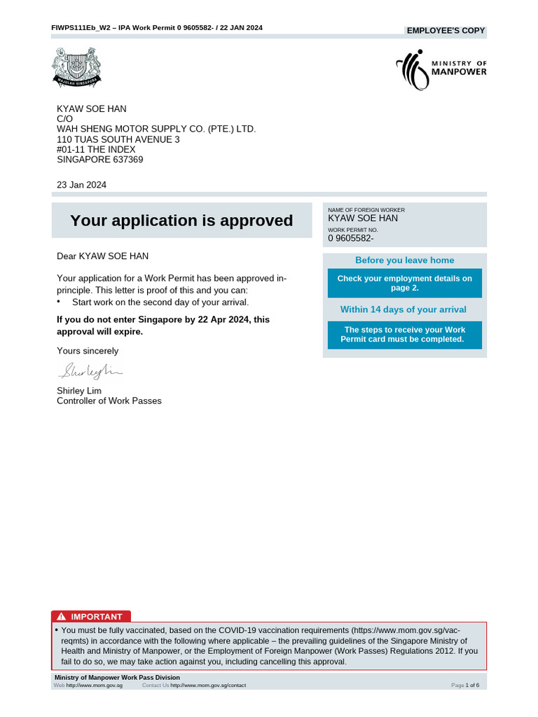 Approved Work Permit for Kyaw Soe Han | PDF | Employment | Salary