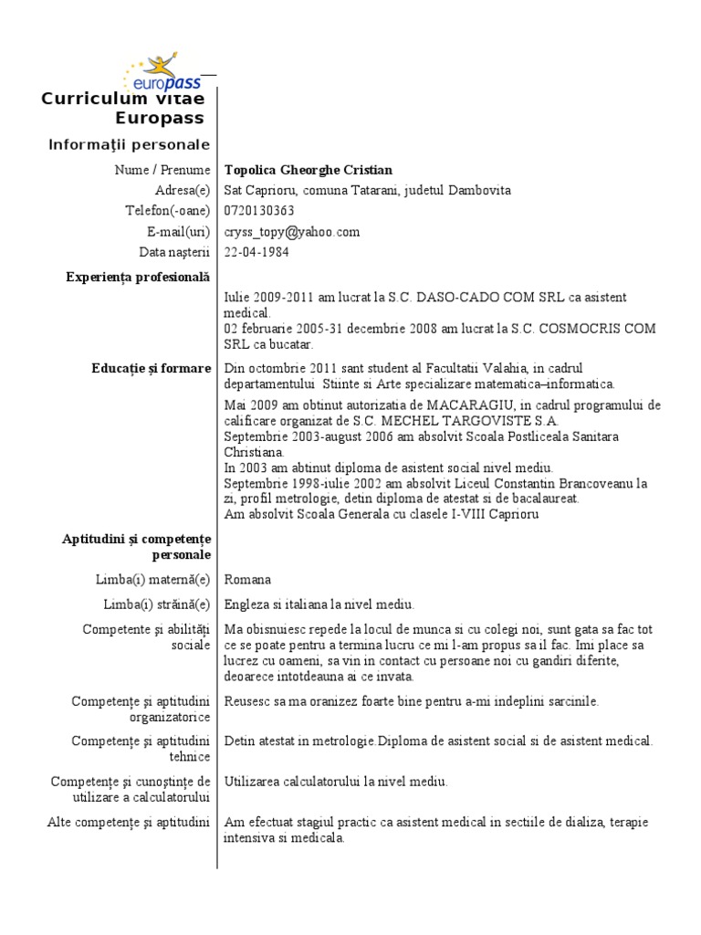 Model Cv Curriculum Vitae Cristi