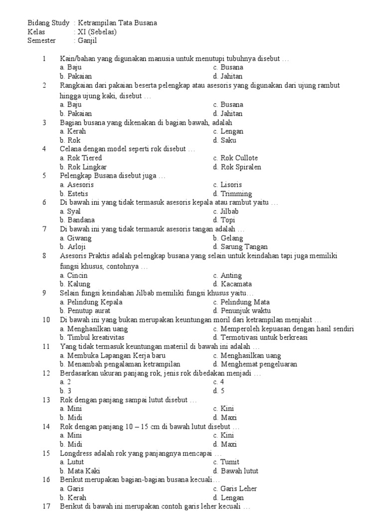 Soal mulok tata busana Semester Ganjil XI