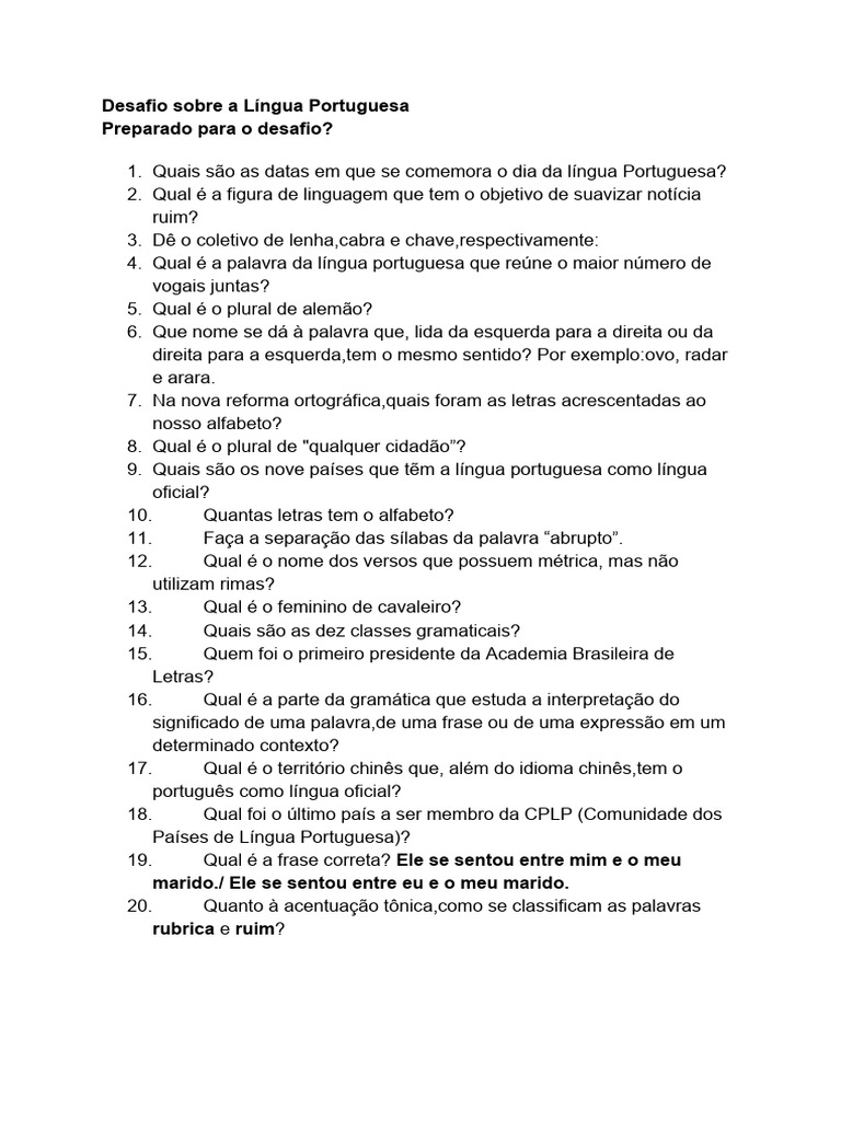 Desafio de Língua Portuguesa | PDF