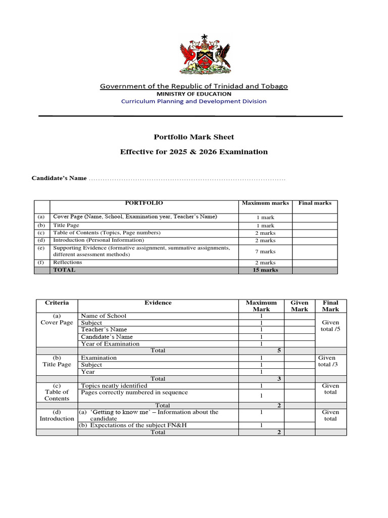 Portfolio Mark Sheet for 2025-2026 Exams | PDF | Foods | Food And Drink ...
