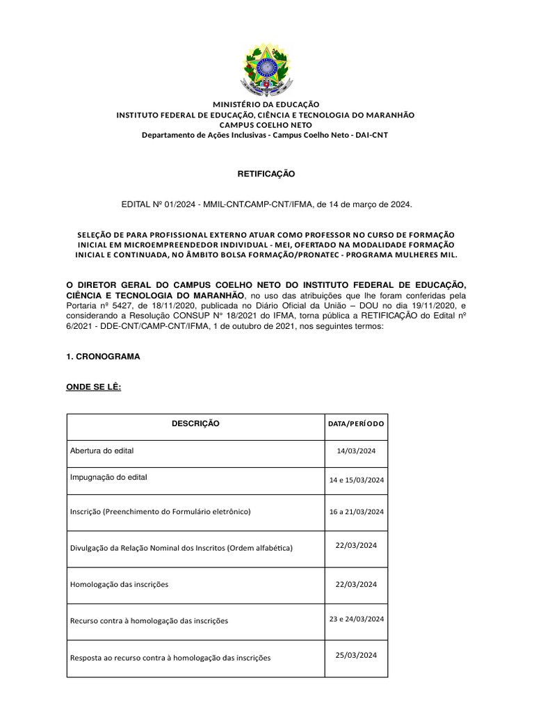 Retificação Edital Professor MEI | PDF