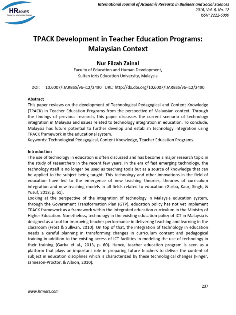 TPACK in Malaysian Teacher Education | PDF | Educational Technology ...