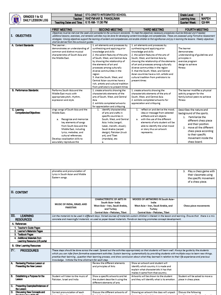 Grade 8 MAPEH Daily Lesson Log | PDF | Learning | Curriculum
