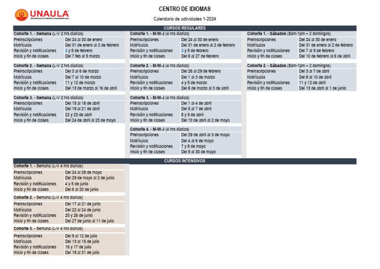 Calendario Cursos Idiomas 2024 | PDF