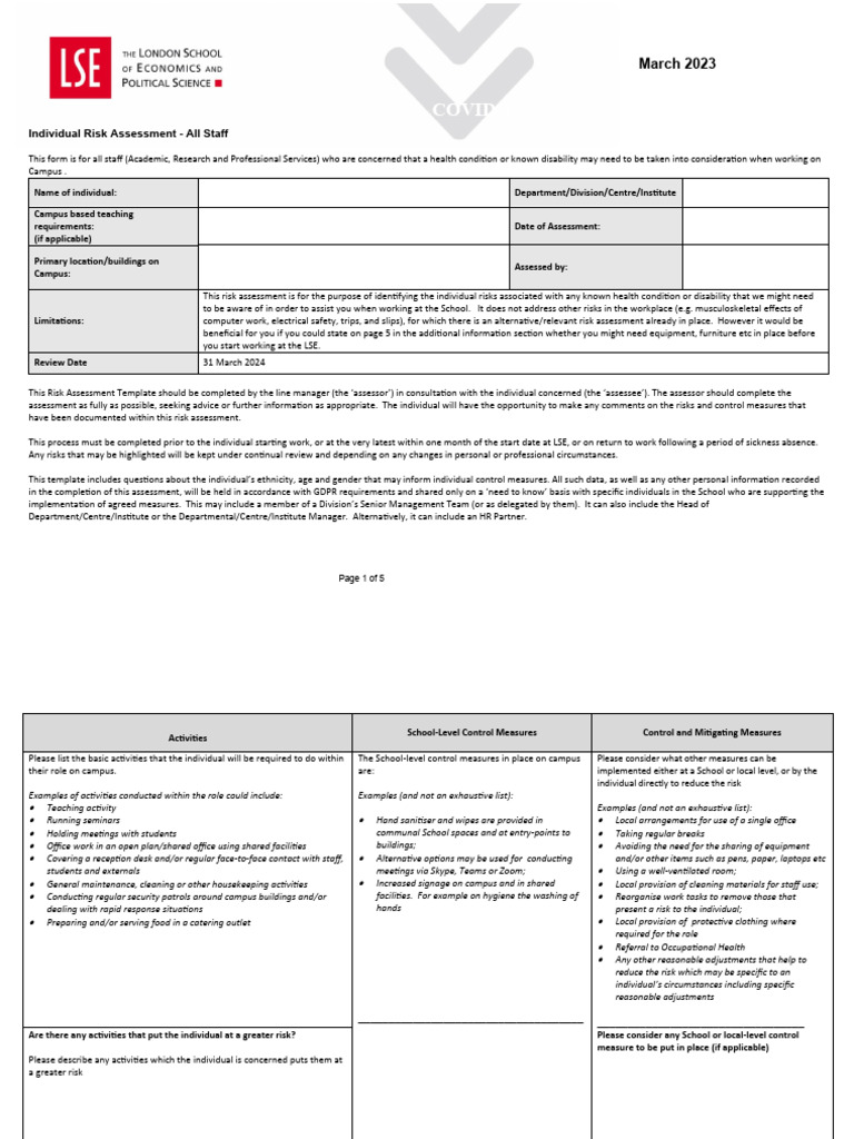 LSE COVID-19 Staff Risk Assessment | PDF | Risk Assessment | Risk