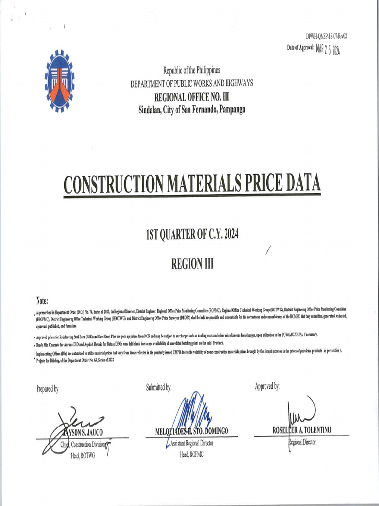 Construction Materials Price Data (1st QTR 2024) | PDF