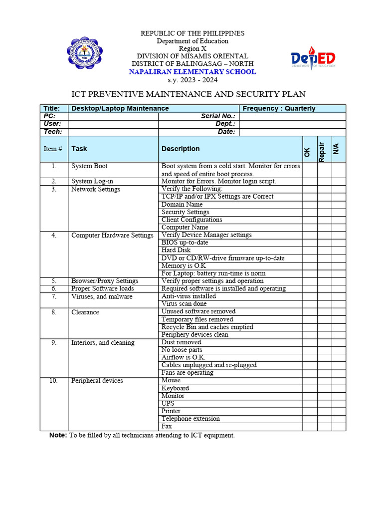 ICT Preventive Maintenance Checklist | PDF | Computer Hardware | Booting