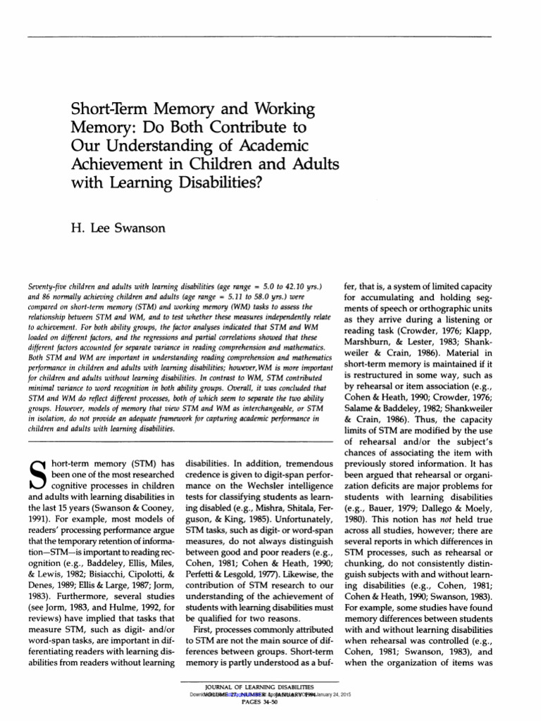 Swanson 1994 | PDF | Memory | Learning Disability