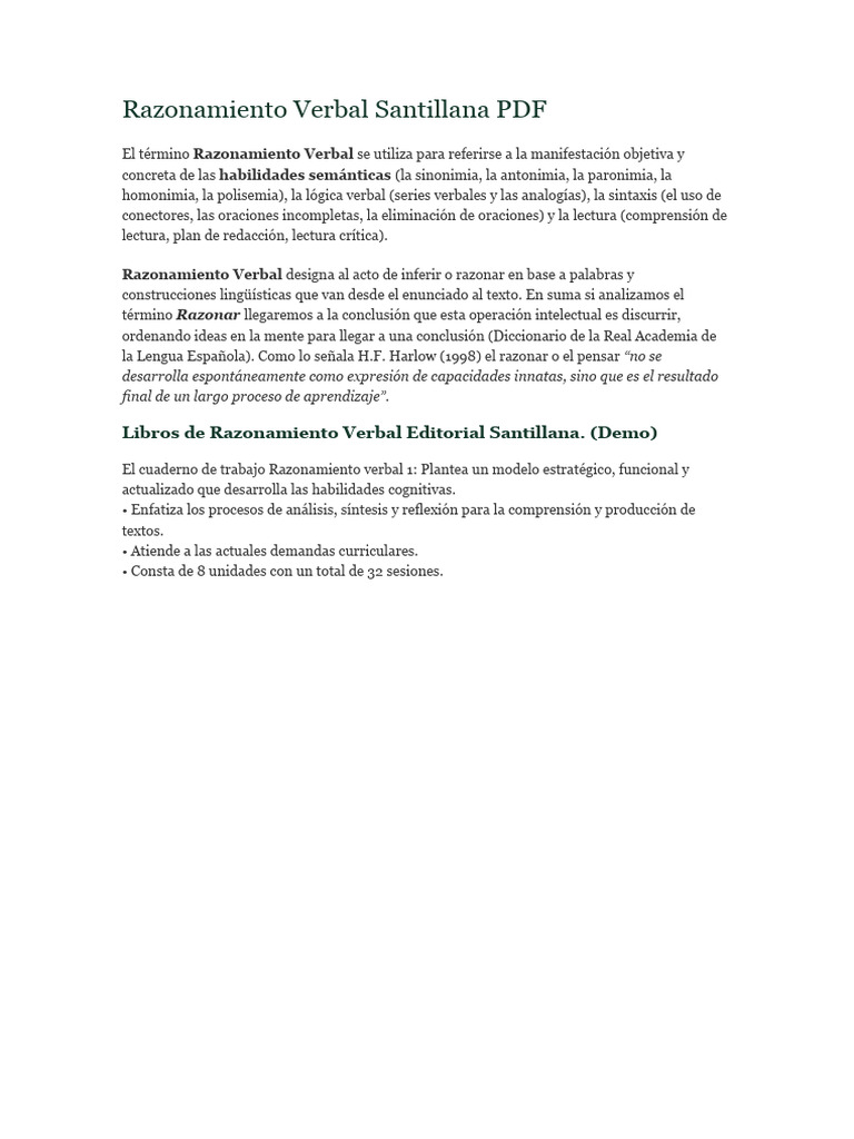 Razonamiento Verbal Santillana: PDF y Guía | PDF | Artes del Lenguaje y ...