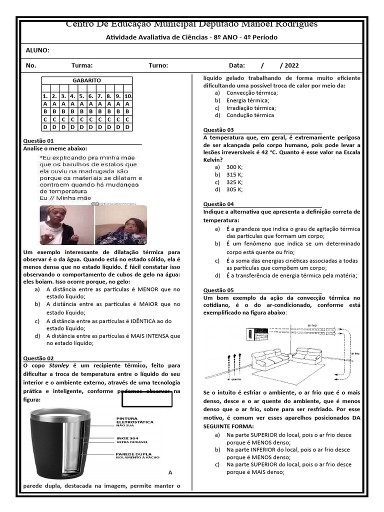 avaliação de ciencias 7 ano 4 bi | PDF | Calor | Temperatura