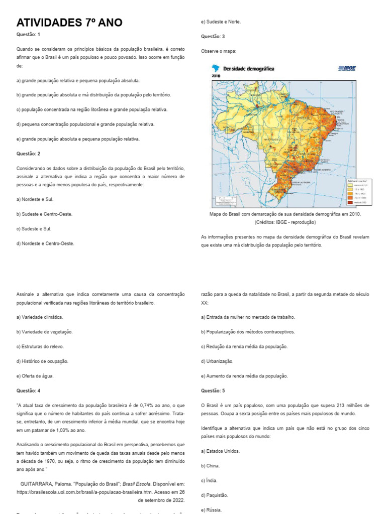 Atividades sobre População Brasileira | PDF | População mundial | Brasil