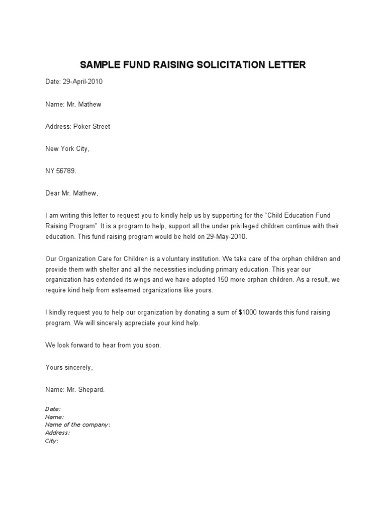 Sample Fund Raising Solicitation Letter  PDF  Business Within Fundraiser Proposal Template