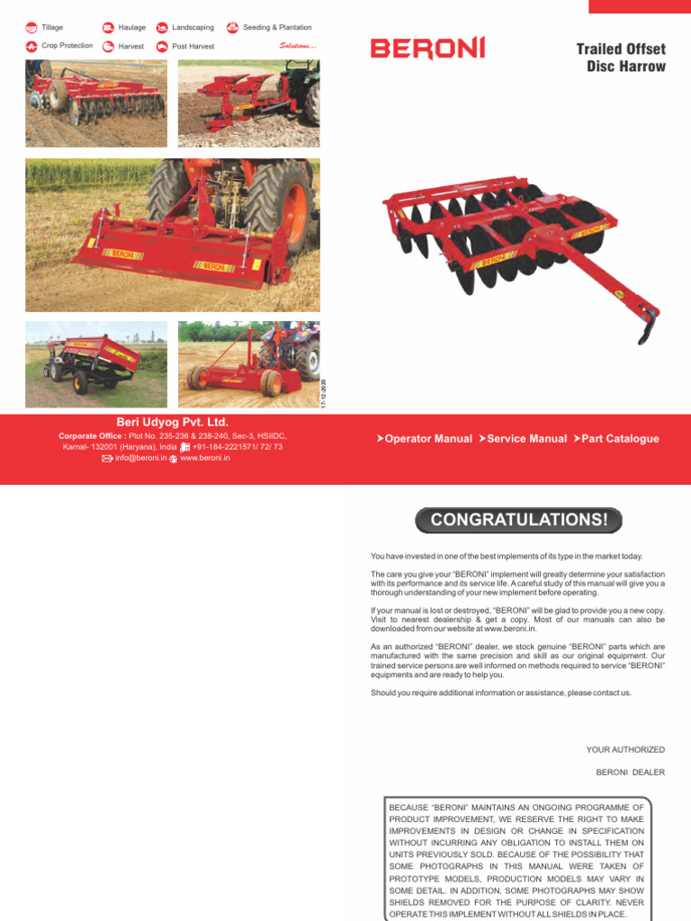 Trailed Offset Disc Harrow Manual | PDF | Tractor | Plough