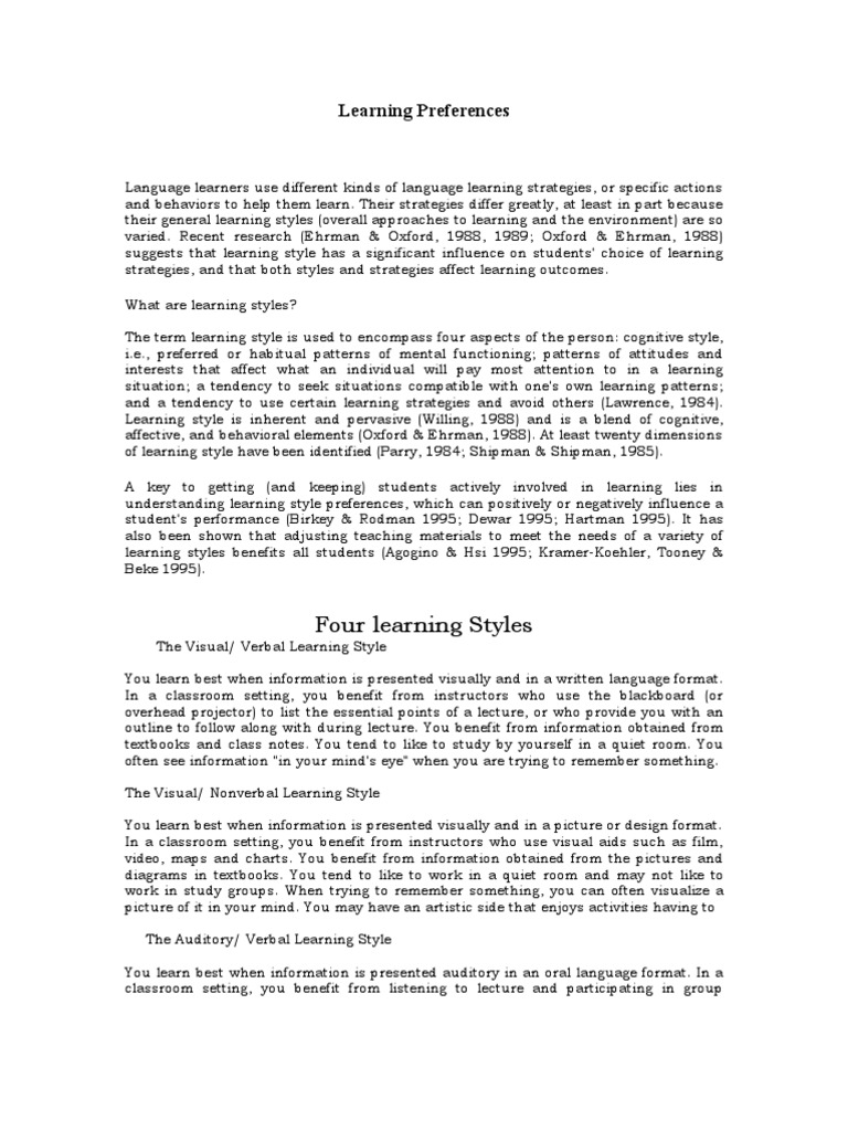 Learning Styles and Preferences | PDF | Learning Styles | Affect ...