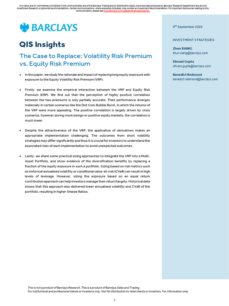 Volatility Risk Premium vs. Equity Risk Premium | PDF | Greeks (Finance ...