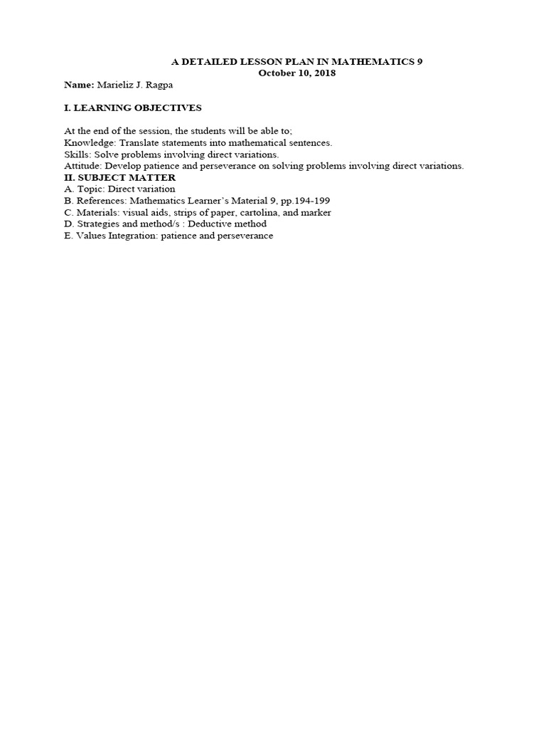 Grade 9 Direct Variation Lesson Plan | PDF | Lesson Plan | Prayer
