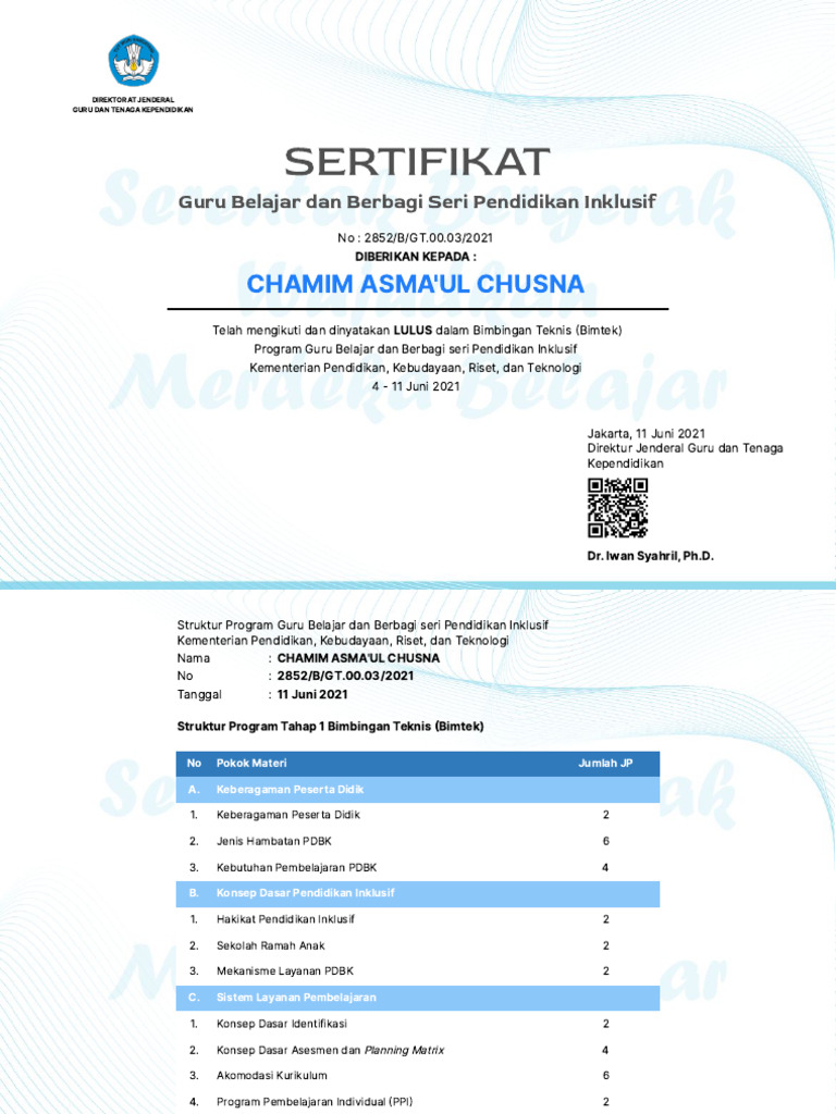 Sertifikat Bimtek Pendidikan Inklusif | PDF
